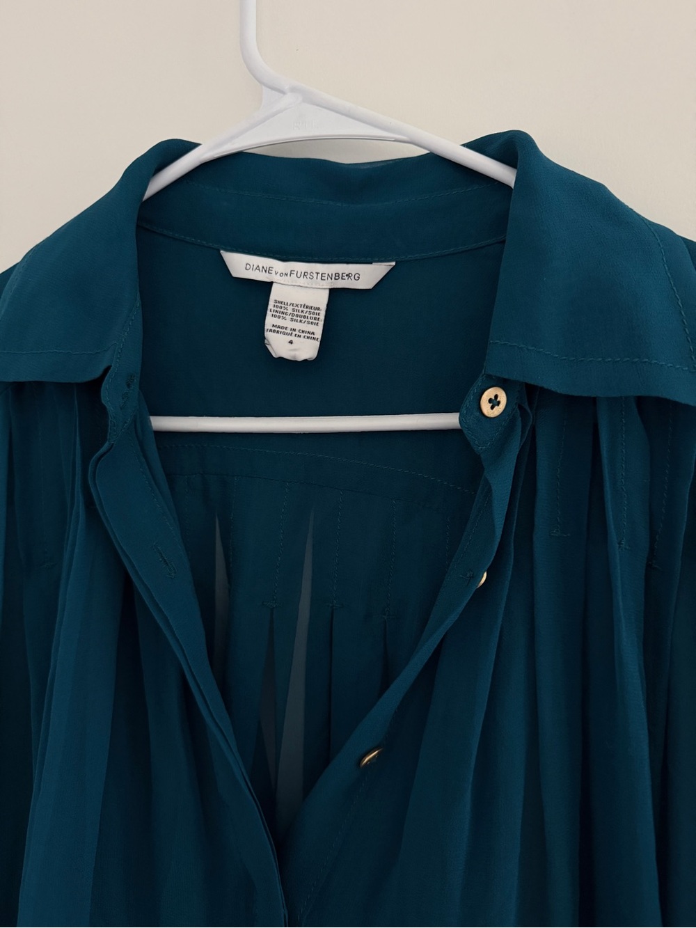 DVF sheer emerald Teal Blue Long-Sleeve Pleated Blouse - Picture 2 of 5